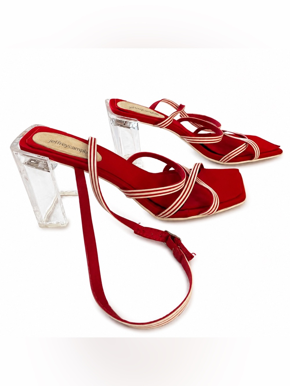 Vintage Jeffrey Campbell Red Cross Strapped Sandals With Clear Acrylic Heel